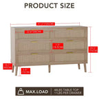Comò a 8 cassetti, comò in rattan naturale per camera da letto con 5 gambe robuste, cassettiera in legno rustico con maniglie dorate