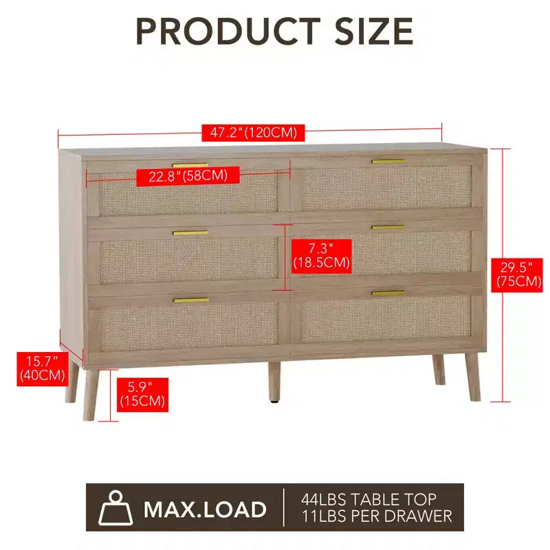 Comò a 8 cassetti, comò in rattan naturale per camera da letto con 5 gambe robuste, cassettiera in legno rustico con maniglie dorate