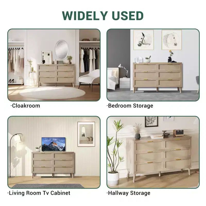 Comò a 8 cassetti, comò in rattan naturale per camera da letto con 5 gambe robuste, cassettiera in legno rustico con maniglie dorate