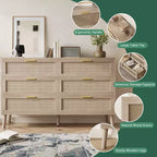 Comò a 8 cassetti, comò in rattan naturale per camera da letto con 5 gambe robuste, cassettiera in legno rustico con maniglie dorate