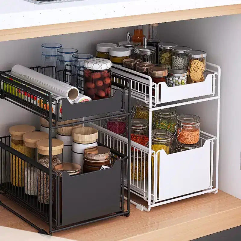 Organizzazione Sottolavello con 2 Cassetti Scorrevole, Organizzatore Durevole in Acciaio al Carbonio per Cucina e Bagno