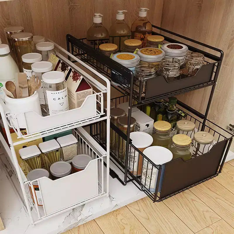 Organizzazione Sottolavello con 2 Cassetti Scorrevole, Organizzatore Durevole in Acciaio al Carbonio per Cucina e Bagno