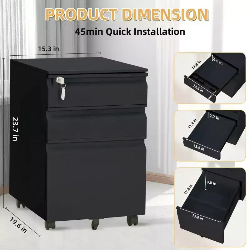 1 Armadio portadocumenti a 3 cassetti in lamiera pressata a freddo con costruzione durevole, cassetti a scorrimento fluido, design compatto e archiviazione sicura