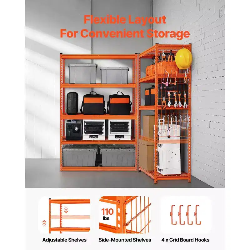 Scaffalature di stoccaggio, 1134 kg, 5 ripiani per garage per carichi pesanti, 45,7 P x 121,9 L x 182,9 H cm, in metallo regolabile, arancione