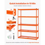 Scaffalature di stoccaggio, 1134 kg, 5 ripiani per garage per carichi pesanti, 45,7 P x 121,9 L x 182,9 H cm, in metallo regolabile, arancione