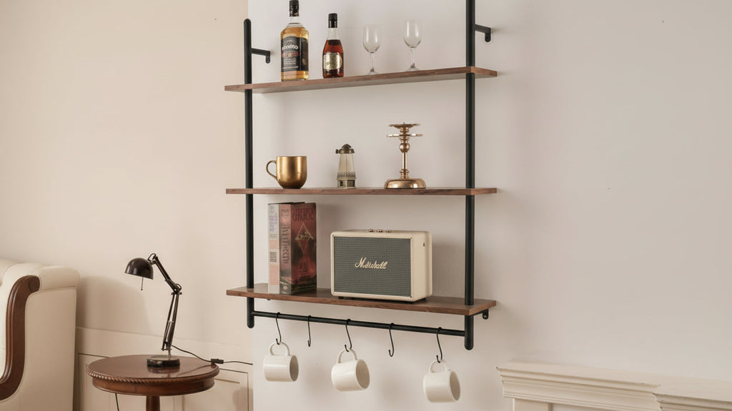 Scaffale Industriale a Tubi, 3 Ripiani 81x25cm, Mensole a Parete Flottanti in Legno Rustico con Staffe, Libreria da Esposizione, Organizzatore Portaoggetti, Nero