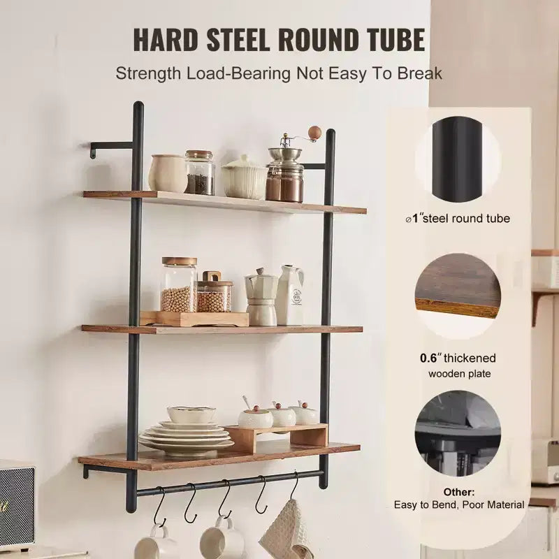 Scaffale Industriale a Tubi, 3 Ripiani 81x25cm, Mensole a Parete Flottanti in Legno Rustico con Staffe, Libreria da Esposizione, Organizzatore Portaoggetti, Nero