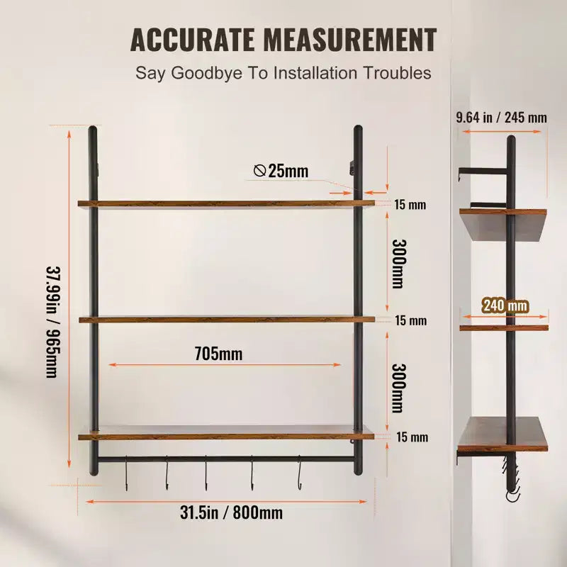 Scaffale Industriale a Tubi, 3 Ripiani 81x25cm, Mensole a Parete Flottanti in Legno Rustico con Staffe, Libreria da Esposizione, Organizzatore Portaoggetti, Nero