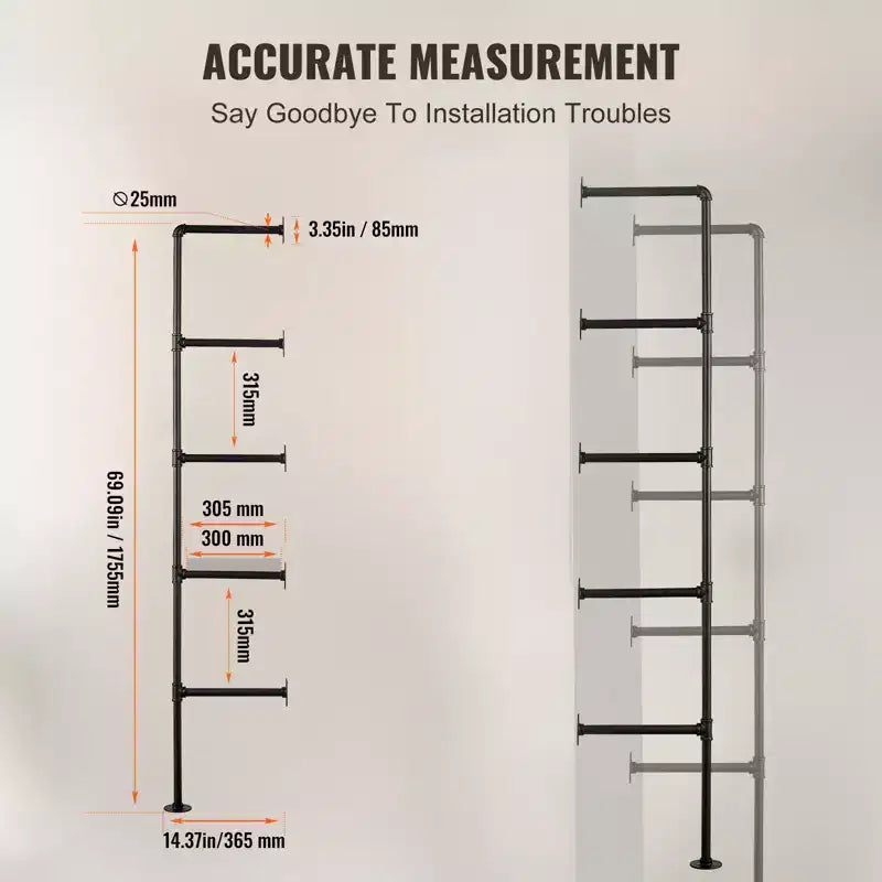 Scaffale industriale a tubi, 5 ripiani 2PZ, larghezza pannello applicabile 30 cm, mensole galleggianti rustiche da parete, libreria, staffa, nero