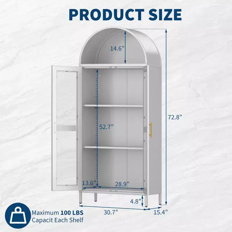 Armadio ad arco alto in metallo da 185 cm, armadietto in metallo con 2 ripiani regolabili e cassetti, dispensa da cucina moderna con anta in vetro, armadio versatile