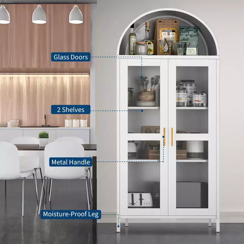 Armadio ad arco alto in metallo da 185 cm, armadietto in metallo con 2 ripiani regolabili e cassetti, dispensa da cucina moderna con anta in vetro, armadio versatile