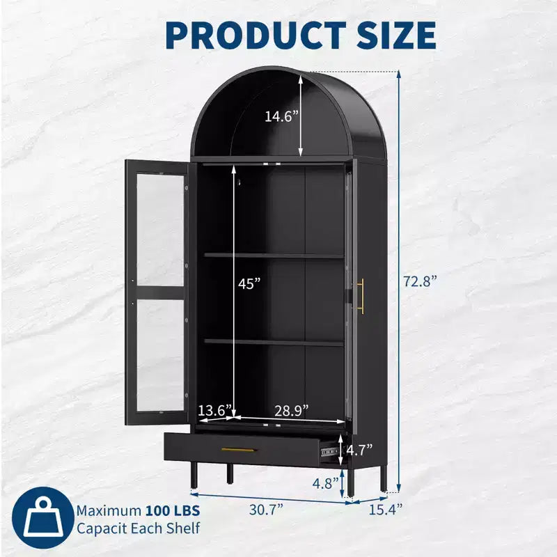 Armadio ad arco alto in metallo da 185 cm, armadietto in metallo con 2 ripiani regolabili e cassetti, dispensa da cucina moderna con anta in vetro, armadio versatile
