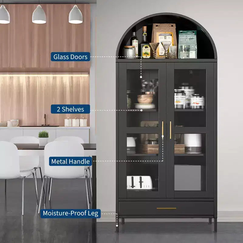 Armadio ad arco alto in metallo da 185 cm, armadietto in metallo con 2 ripiani regolabili e cassetti, dispensa da cucina moderna con anta in vetro, armadio versatile