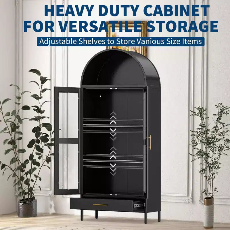Armadio ad arco alto in metallo da 185 cm, armadietto in metallo con 2 ripiani regolabili e cassetti, dispensa da cucina moderna con anta in vetro, armadio versatile