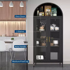 Armadio ad arco alto in metallo da 185 cm, armadietto in metallo con 2 ripiani regolabili e cassetti, dispensa da cucina moderna con anta in vetro, armadio versatile