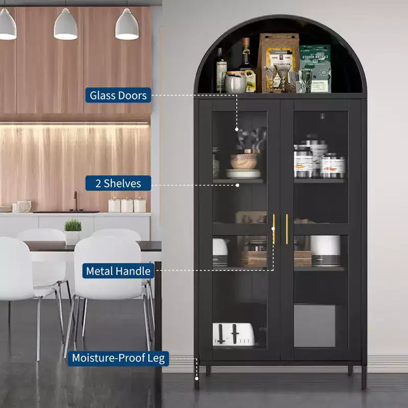 Armadio ad arco alto in metallo da 185 cm, armadietto in metallo con 2 ripiani regolabili e cassetti, dispensa da cucina moderna con anta in vetro, armadio versatile