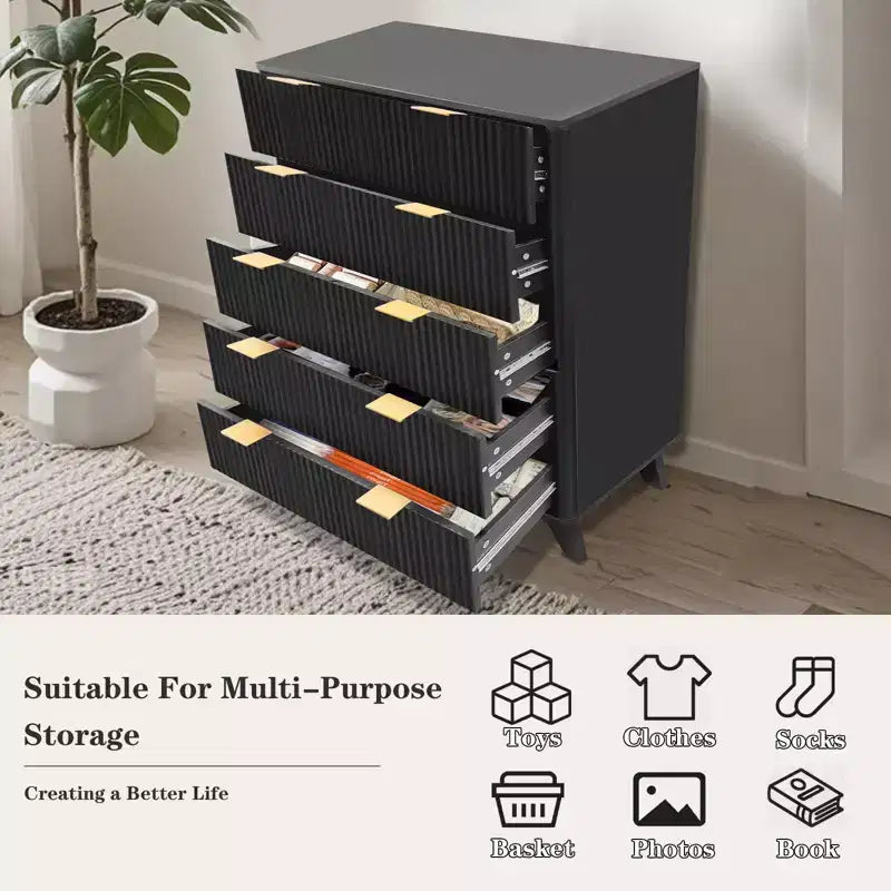 Comò a 5 Cassetti Scanalati, Comodino Moderno Alto 122 cm con Dispositivo Anti-Ribaltamento, Organizer in Legno per Camera da Letto, Soggiorno, Ingresso