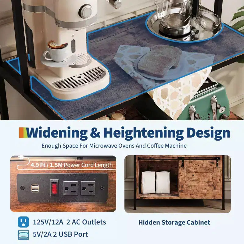Scaffale da Cucina a 5 Livelli con Ante e Stazione di Ricarica, Porta Microonde Industriale da 63", Mobile Contenitore per Sala da Pranzo, Soggiorno, Appartamenti