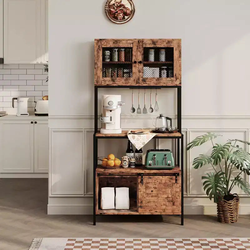 Scaffale da Cucina a 5 Livelli con Ante e Stazione di Ricarica, Porta Microonde Industriale da 63", Mobile Contenitore per Sala da Pranzo, Soggiorno, Appartamenti