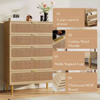 Cassettiera a 5 cassetti in rattan per camera da letto, Comò con cassetti profondi, Cassettiera doppia grande per armadio con piano largo, Cassettiera alta in legno