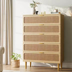 Cassettiera a 5 cassetti in rattan per camera da letto, Comò con cassetti profondi, Cassettiera doppia grande per armadio con piano largo, Cassettiera alta in legno