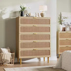 Cassettiera a 5 cassetti in rattan per camera da letto, Comò con cassetti profondi, Cassettiera doppia grande per armadio con piano largo, Cassettiera alta in legno