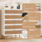 Cassettiera a 5 cassetti in rattan per camera da letto, Comò con cassetti profondi, Cassettiera doppia grande per armadio con piano largo, Cassettiera alta in legno