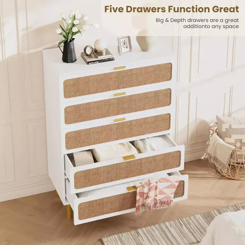 Cassettiera a 5 cassetti in rattan per camera da letto, Comò con cassetti profondi, Cassettiera doppia grande per armadio con piano largo, Cassettiera alta in legno