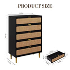 Cassettiera a 5 cassetti in rattan per camera da letto, Comò con cassetti profondi, Cassettiera doppia grande per armadio con piano largo, Cassettiera alta in legno