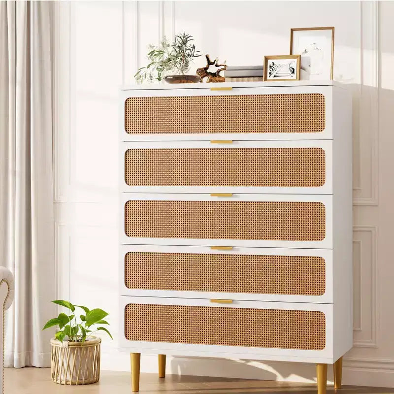 Cassettiera a 5 cassetti in rattan per camera da letto, Comò con cassetti profondi, Cassettiera doppia grande per armadio con piano largo, Cassettiera alta in legno