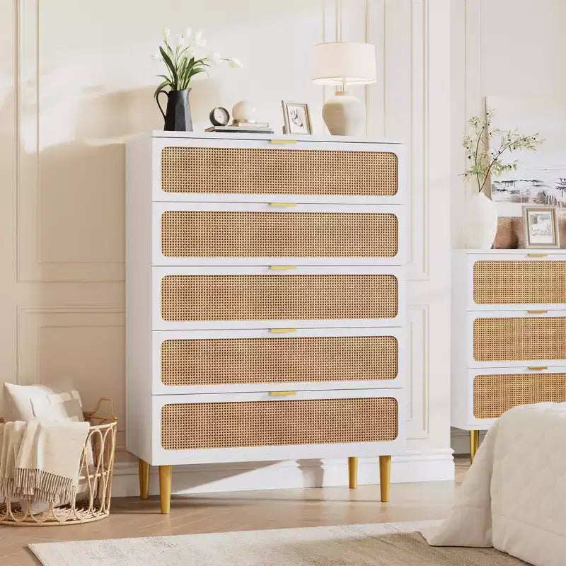Cassettiera a 5 cassetti in rattan per camera da letto, Comò con cassetti profondi, Cassettiera doppia grande per armadio con piano largo, Cassettiera alta in legno