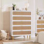 Cassettiera a 5 cassetti in rattan per camera da letto, Comò con cassetti profondi, Cassettiera doppia grande per armadio con piano largo, Cassettiera alta in legno