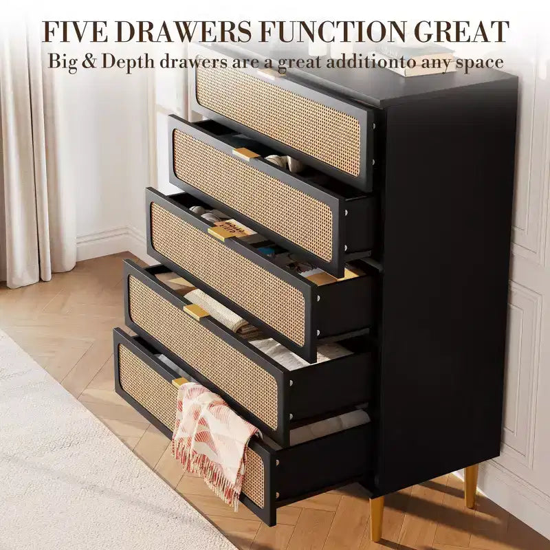 Cassettiera a 5 cassetti in rattan per camera da letto, Comò con cassetti profondi, Cassettiera doppia grande per armadio con piano largo, Cassettiera alta in legno