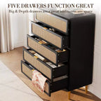Cassettiera a 5 cassetti in rattan per camera da letto, Comò con cassetti profondi, Cassettiera doppia grande per armadio con piano largo, Cassettiera alta in legno