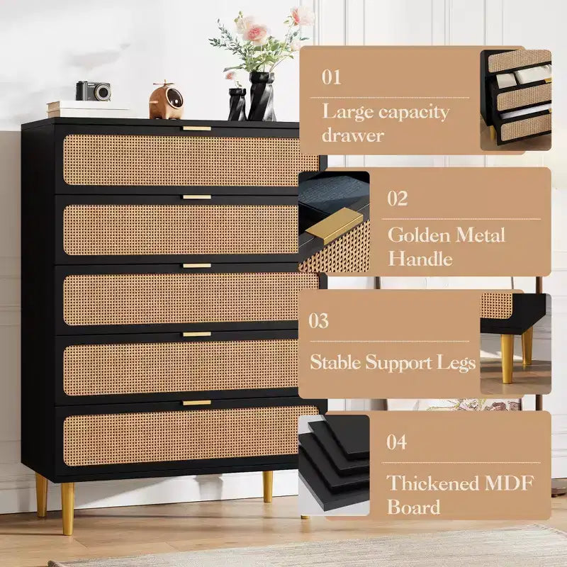 Cassettiera a 5 cassetti in rattan per camera da letto, Comò con cassetti profondi, Cassettiera doppia grande per armadio con piano largo, Cassettiera alta in legno