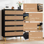 Cassettiera a 5 cassetti in rattan per camera da letto, Comò con cassetti profondi, Cassettiera doppia grande per armadio con piano largo, Cassettiera alta in legno