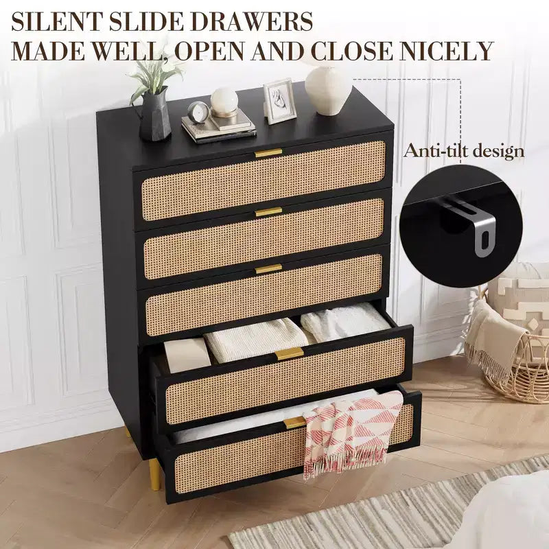 Cassettiera a 5 cassetti in rattan per camera da letto, Comò con cassetti profondi, Cassettiera doppia grande per armadio con piano largo, Cassettiera alta in legno