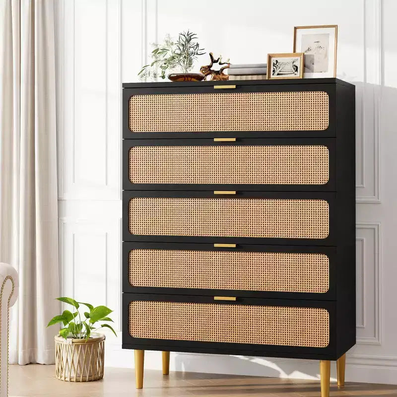 Cassettiera a 5 cassetti in rattan per camera da letto, Comò con cassetti profondi, Cassettiera doppia grande per armadio con piano largo, Cassettiera alta in legno