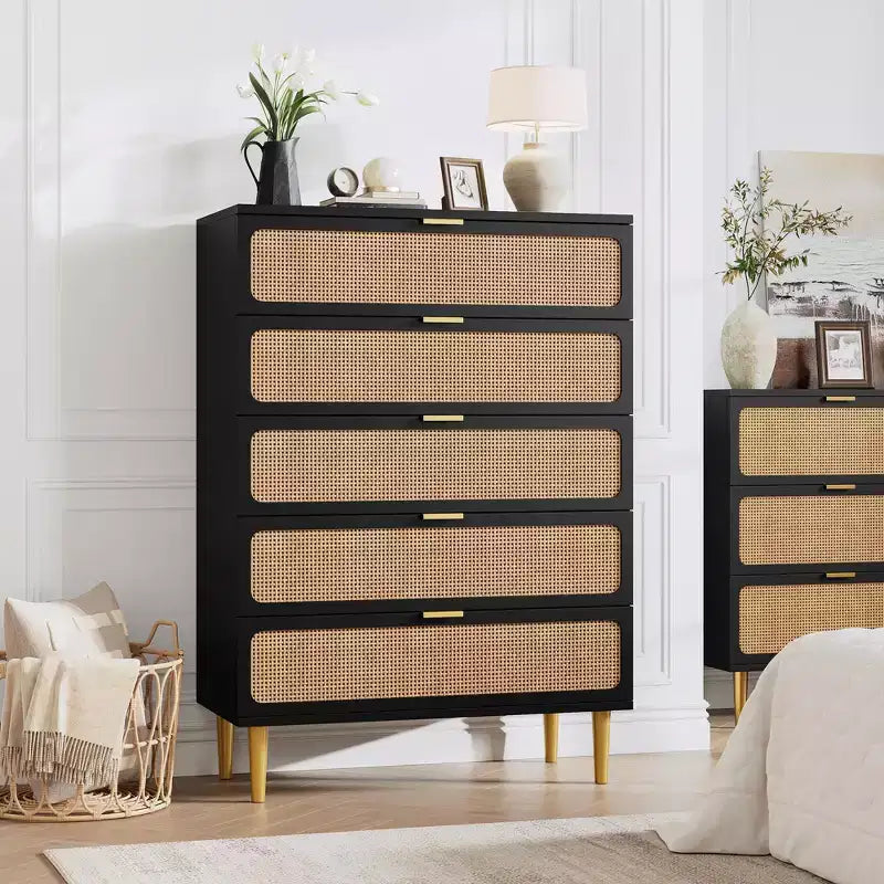 Cassettiera a 5 cassetti in rattan per camera da letto, Comò con cassetti profondi, Cassettiera doppia grande per armadio con piano largo, Cassettiera alta in legno