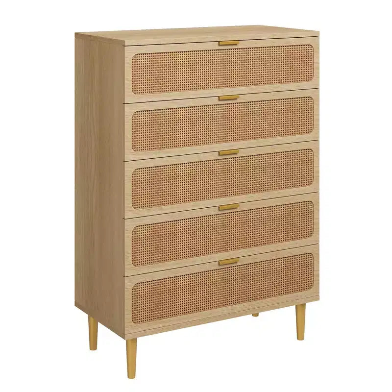 Cassettiera a 5 cassetti in rattan per camera da letto, Comò con cassetti profondi, Cassettiera doppia grande per armadio con piano largo, Cassettiera alta in legno