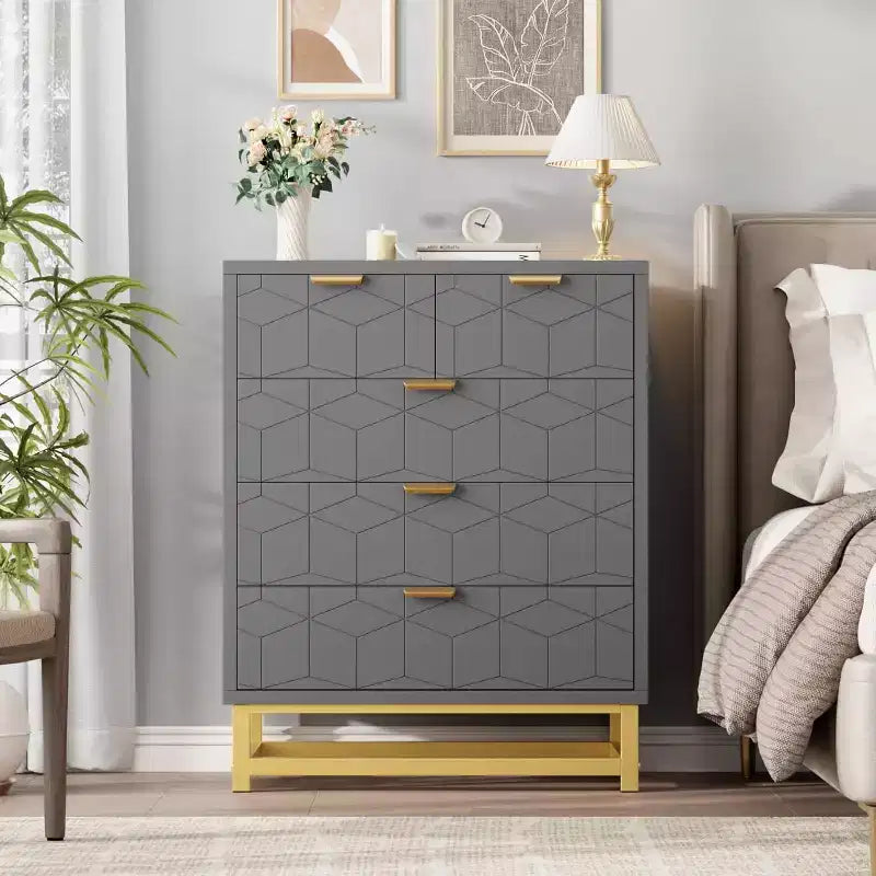 Cassettiera a 5 cassetti per camera da letto, Comò con base in metallo, Cassettiera moderna organizer per soggiorno, corridoio, armadio