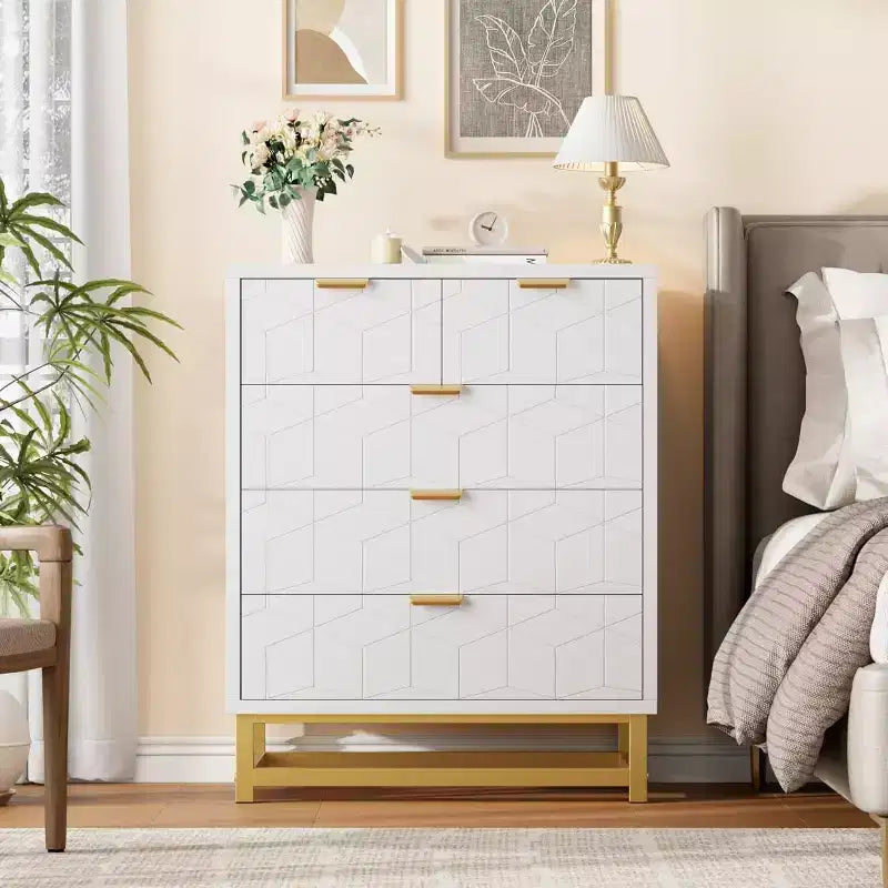 Cassettiera a 5 cassetti per camera da letto, Comò con base in metallo, Cassettiera moderna organizer per soggiorno, corridoio, armadio