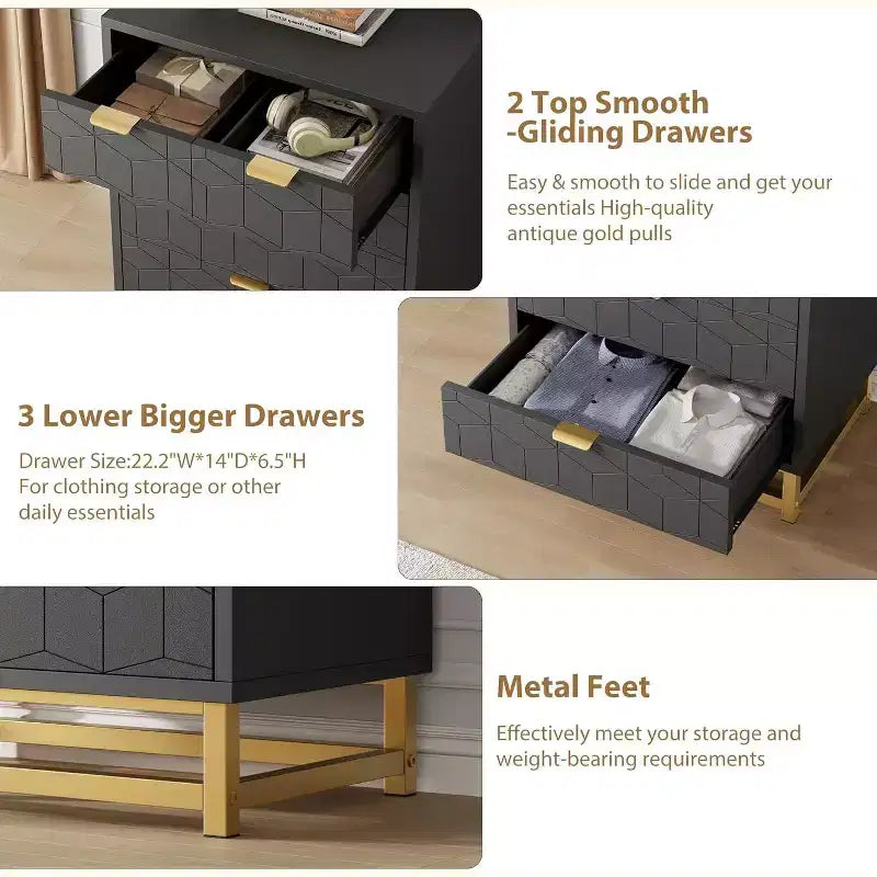 Cassettiera a 5 cassetti per camera da letto, Comò con base in metallo, Cassettiera moderna organizer per soggiorno, corridoio, armadio