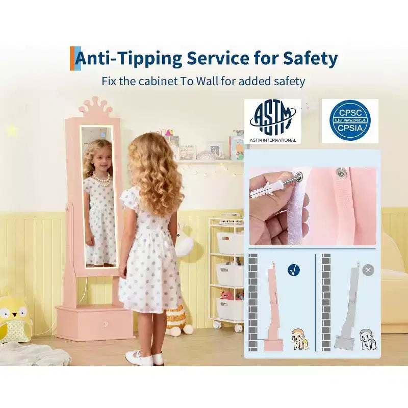 Armadio Portagioie per Bambini con Specchio a Figura Intera, Organizzatore Portagioie Autoportante con 46 Vani e Cassetti, Mobile Toilette Trucco per Bambini