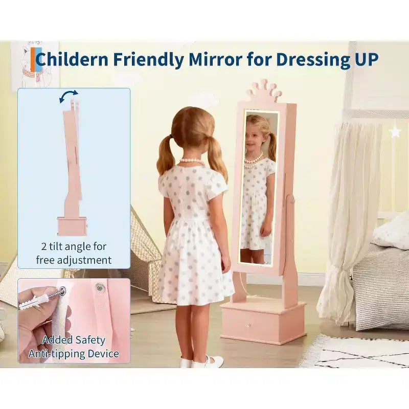 Armadio Portagioie per Bambini con Specchio a Figura Intera, Organizzatore Portagioie Autoportante con 46 Vani e Cassetti, Mobile Toilette Trucco per Bambini