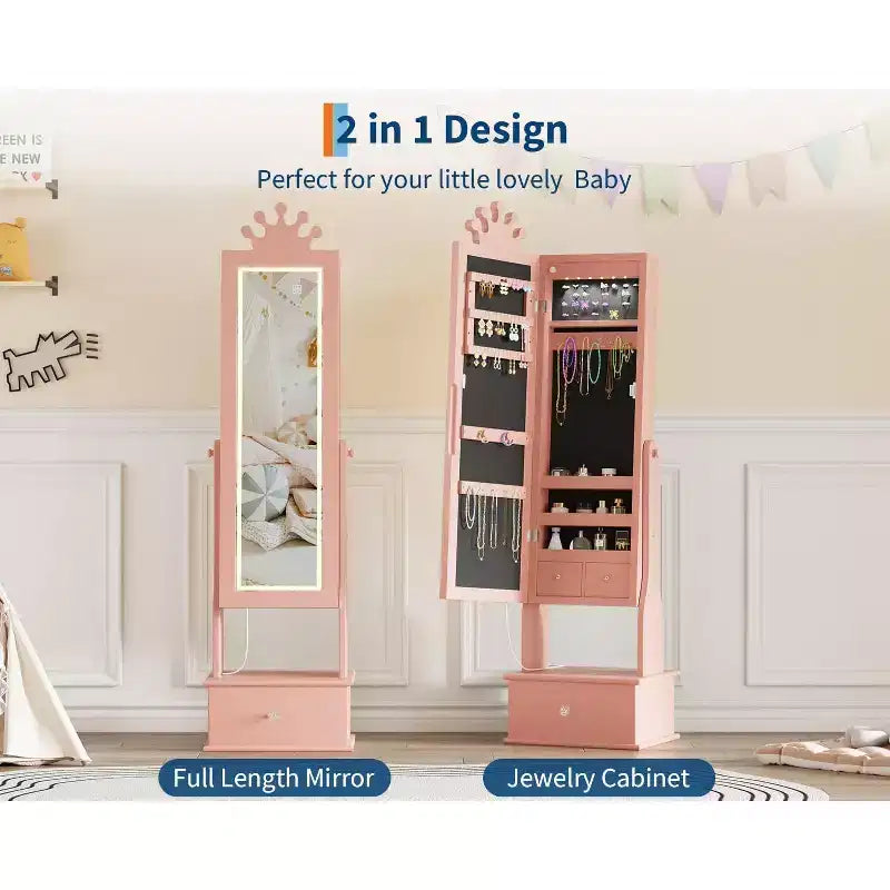 Armadio Portagioie per Bambini con Specchio a Figura Intera, Organizzatore Portagioie Autoportante con 46 Vani e Cassetti, Mobile Toilette Trucco per Bambini