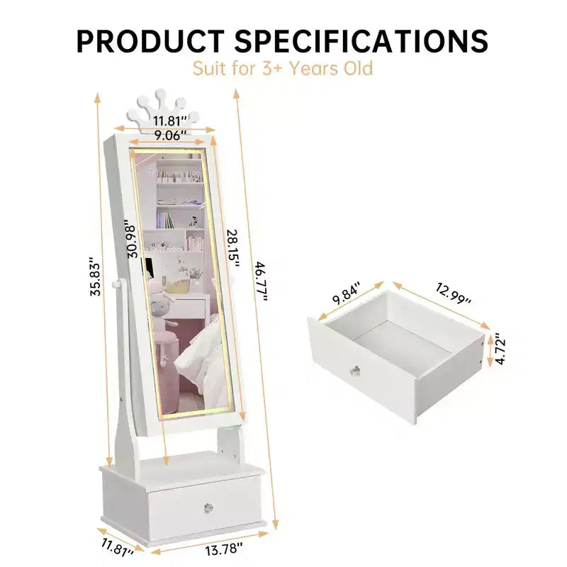 Armadio Portagioie per Bambini con Specchio a Figura Intera, Organizzatore Portagioie Autoportante con 46 Vani e Cassetti, Mobile Toilette Trucco per Bambini