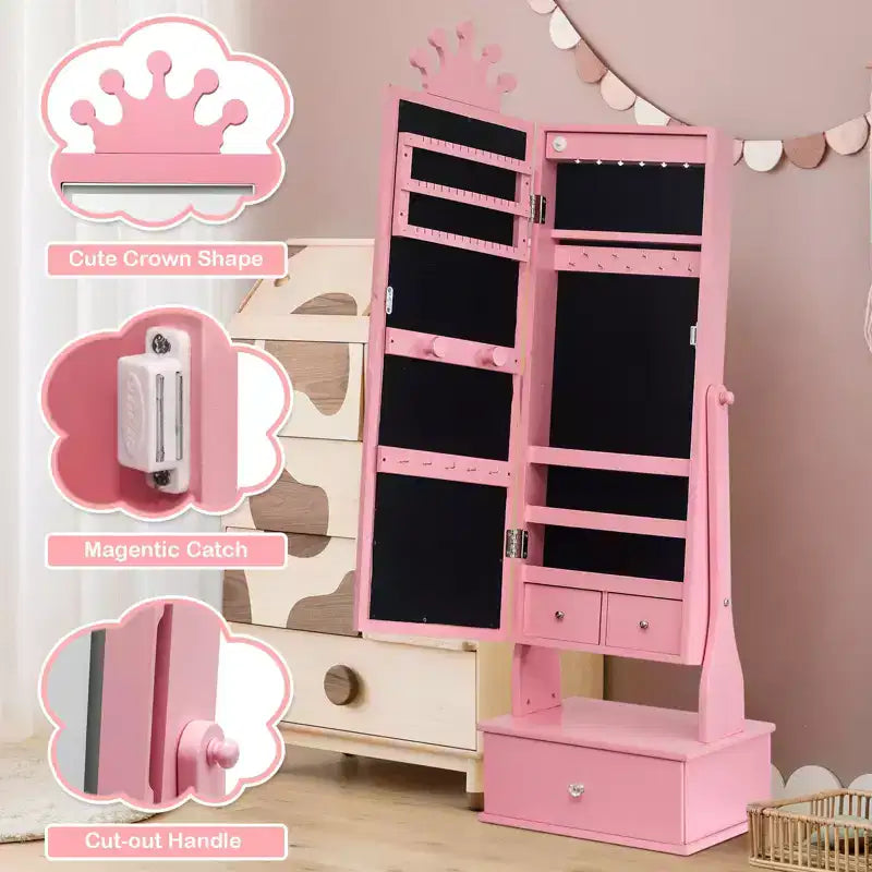 Armadio Portagioie per Bambini con Specchio a Figura Intera, Organizzatore Portagioie Autoportante con 46 Vani e Cassetti, Mobile Toilette Trucco per Bambini