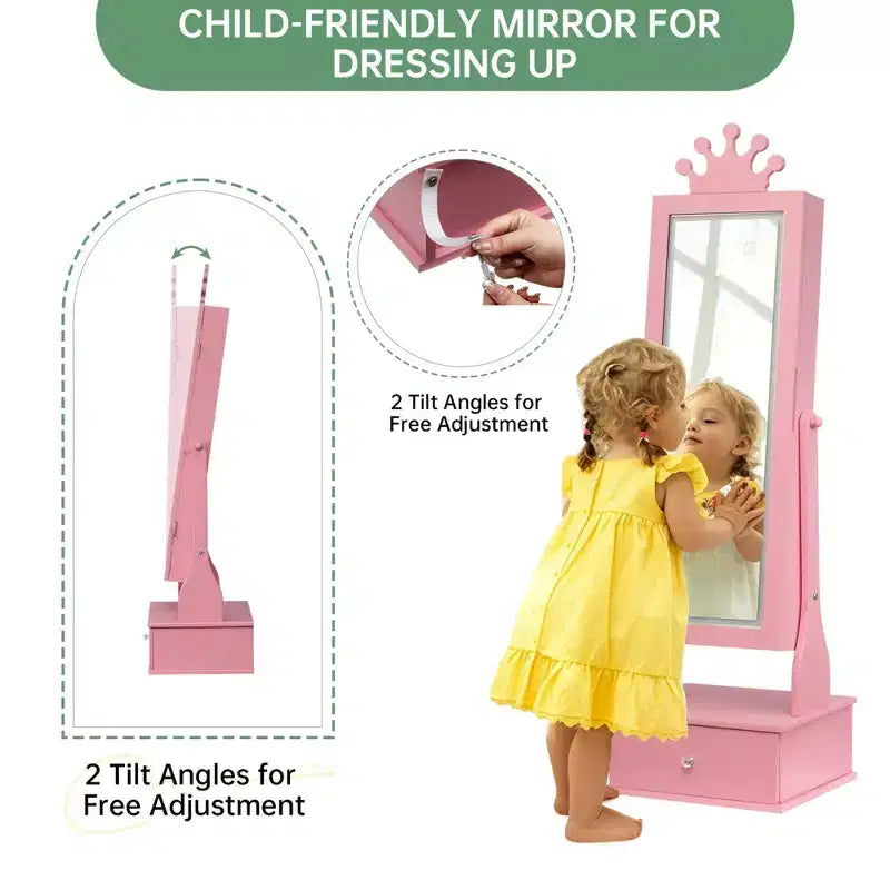 Armadio Portagioie per Bambini con Specchio a Figura Intera, Organizzatore Portagioie Autoportante con 46 Vani e Cassetti, Mobile Toilette Trucco per Bambini