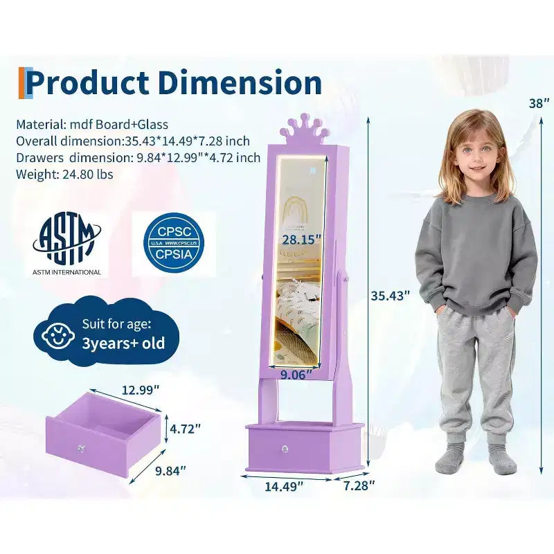 Armadio Portagioie per Bambini con Specchio a Figura Intera, Organizzatore Portagioie Autoportante con 46 Vani e Cassetti, Mobile Toilette Trucco per Bambini